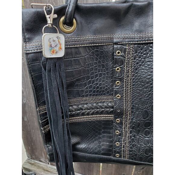 Handmade boho Pitbull dog lover gift Leather Fringe Western bag charm keychain - Picture 3 of 3